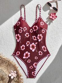 Swim Vcay 2026 New Pink Floral Print Adjustable Shoulder Strap Camisole One-Piece Swimsuit, Sexy Tropical Slimming Backless Triangle Racing Bikini, Summer Beach - Multicolor - View 8