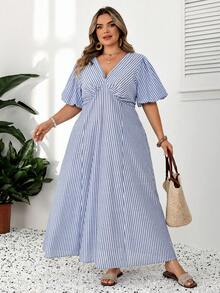 SHEIN CURVE+ Plus Size Women's Puff Sleeve V-Neck Loose Striped Dress - Blue - View 5