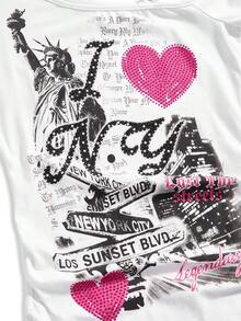 ROMWE Avant Spring/Summer Women's Y2K Retro Streetwear Sexy Slogan Metallic Decor Rhinestone Print T-Shirt - White - View 3