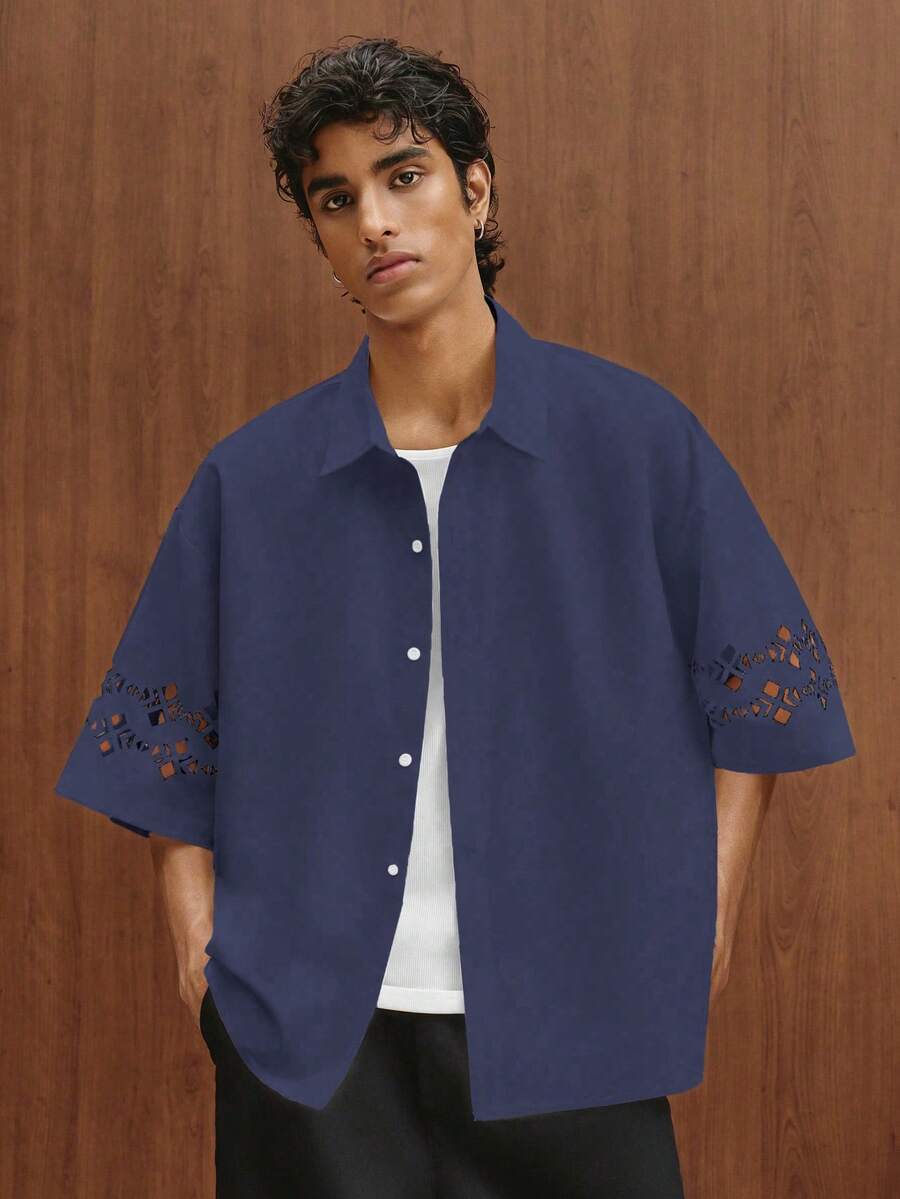 TOKVUE Men's Casual Daily Versatile Burnout Pattern Personalized Shirt, Ceremony - Navy Blue - View 1