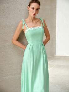 MOTF PREMIUM VESTIDO DE MUJER ELEGANTE PARA DESPLAZAMIENTO CON TIRANTES DE ENCAJE DE COLOR CONTRASTANTE EN LINO - Verde - Ver 7