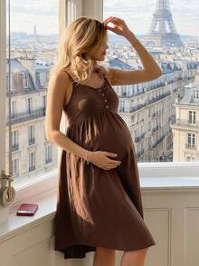 GentleRue Maternity Vestido de lactancia con pliegues y botones de unicolor, cómodo y casual para maternidad - Marrón - Ver 1