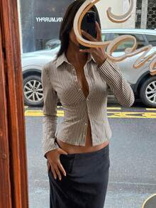 SHEIN Luminelle French Style Slim Fit Blue & White Striped Elegant Commuter Long Sleeve Blouse For Women - Brown - View 3