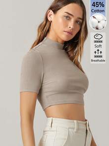 SHEIN BASICS 女款素色極簡百搭螺紋短版時尚短袖T恤 - 杏色 - 查看 4