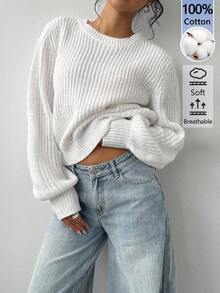 SHEIN BASICS Women's Round Neck Long Sleeve Solid Color Sweater - White - View 6