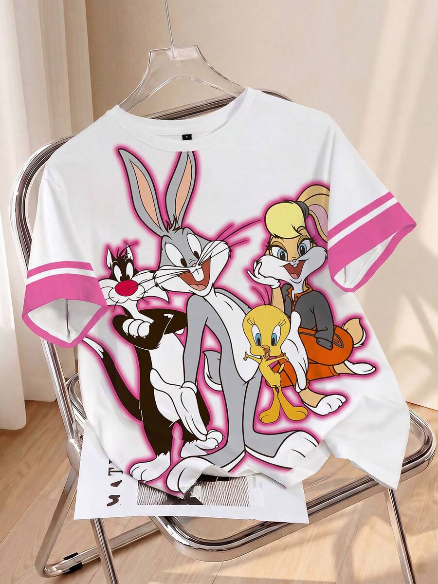 LOONEY TUNES X SHEIN Women's Fashion Cute Striped Contrast Color Short Sleeve T-Shirt - White - View 1