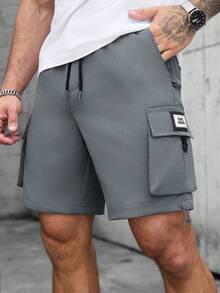 Manfinity Homme Celana Pendek Kargo Denim Pria Ukuran Besar dengan Motif Huruf, Cocok untuk Perjalanan Harian, Bepergian, Pakaian Kasual, dan Acara Akhir Pekan. - Dark Grey - View 4