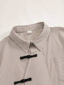ROMWE MEN Street Life Short Sleeve Striped Front Opening Casual Vintage Asymmetric Collar Shirt - Coffee Brown - View 4