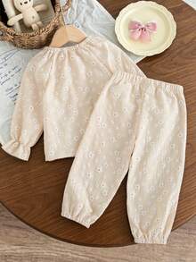 SHEIN Vintaside Kids 嬰兒/幼兒(女童)上衣套裝，花卉長袖秋季服飾 - 卡其色 - 查看 2