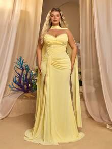 Glamrae Plus Size Elegant Glamorous Luxurious Sequin Lace Embroidery Patchwork Stretch Knit Mesh Off-Shoulder Sleeve Oversized Flare Wedding Event Formal - Yellow - View 4