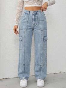 Pantalones vaqueros con diseño de costuras segmentadas en piernas, bolsillos grandes en el frente, corte favorecedor compatible con todo tipo de prendas superiores - Lavado ligero - Ver 1
