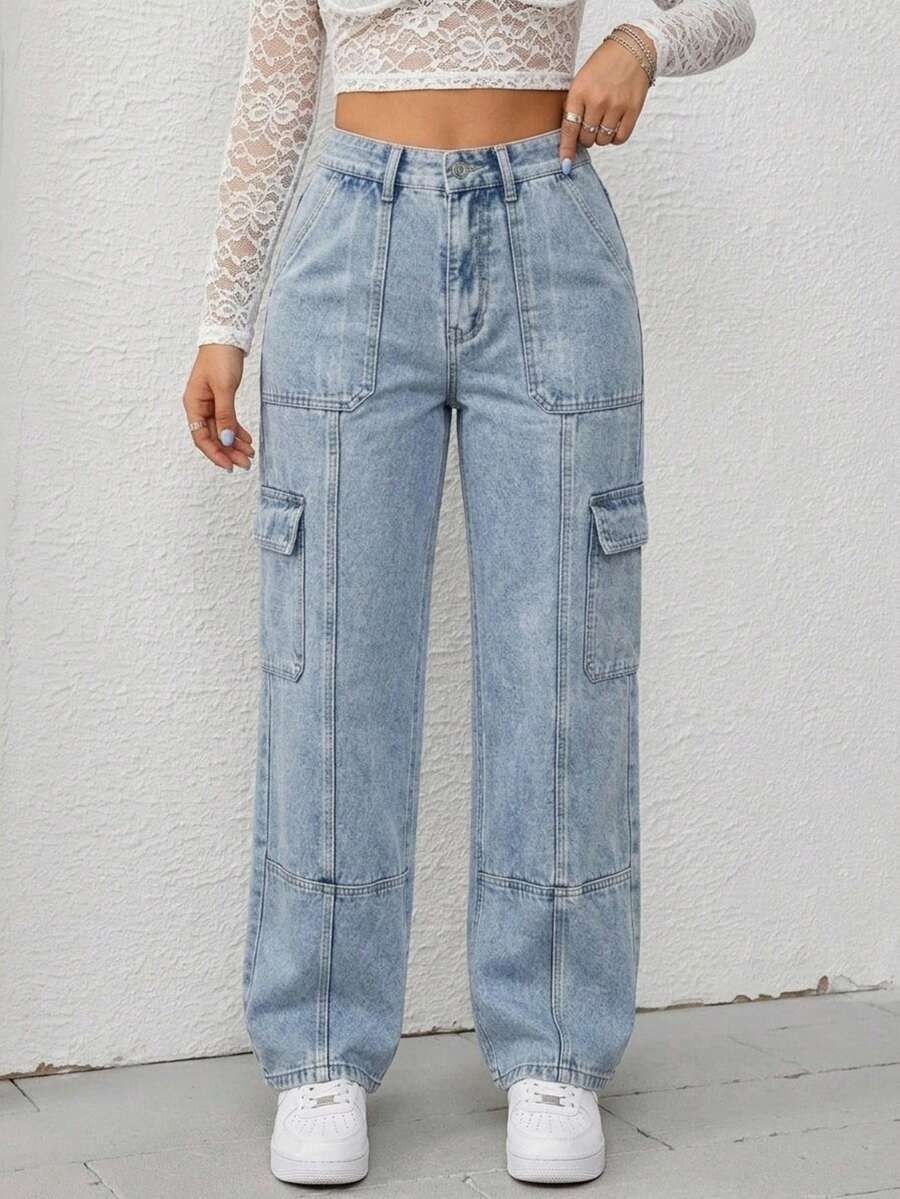 Pantalones vaqueros con diseño de costuras segmentadas en piernas, bolsillos grandes en el frente, corte favorecedor compatible con todo tipo de prendas superiores - Lavado ligero - Ver 1