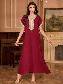 Al Najma Embroidered Collar Flower Shoulder Sleeve Small Stand Collar Elegant Dress - Red - View 4