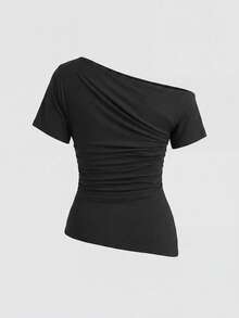 Sweetra Women's New Fashion Versatile Solid Color Asymmetrical Shoulder Cinched Waist Top + Long Pants 2 Pieces Set Casual Simple Elegant Two Pieces Pants Set - Black - View 4