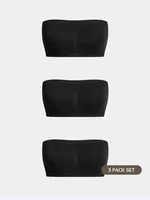 SHAPORA 3pcs/Set Women Simple Solid Color Seamless Bandeau Bra Sets For Everyday Wear CASUAL - Black - View 1