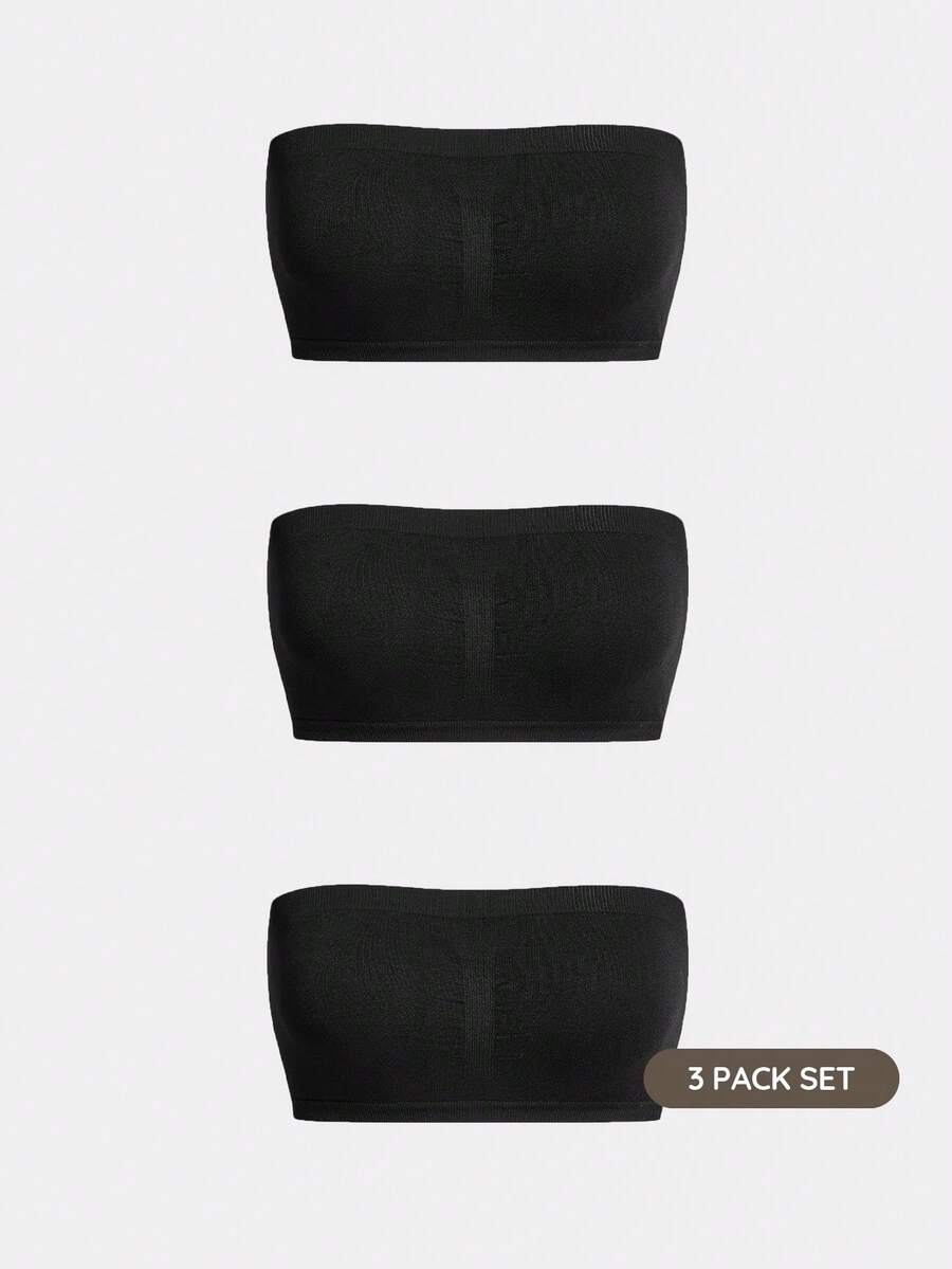 SHAPORA 3pcs/Set Women Simple Solid Color Seamless Bandeau Bra Sets For Everyday Wear CASUAL - Black - View 1
