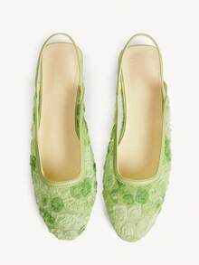 CUCCOO CHICEST Sepatu Wanita Musim Semi dan Musim Panas Model Baru Ujung Bulat Hijau Gaya Peri Prancis Mary Jane Sepatu Datar Jala Sepatu Bermotif Bunga yang Bernapas - Hijau - View 2