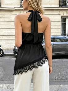 SHEIN PariChic Camiseta de tirantes ajustada y adelgazante con ribete de encaje de pestañas para mujer, adecuada para vacaciones en la playa, atuendos casuales de viaje diario, estilo vintage romántico, temporada de graduación, elegante y preppy, unicolor, primavera/verano (cinturón no incluido) - Negro - Ver 3
