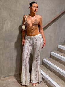 hollyjadebate Women's Rhinestone Fishnet Spaghetti Strap Halter Top, Sparkling Rhinestone Embellished, Suitable For Bar, Party, Club Summer - Champagne - View 6