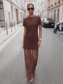 Maija 蕾絲細肩帶洋裝，可拆卸多功能巧克力棕色，夏季優雅款，適合茶會、夜晚外出、雞尾酒會、優雅嘉年華與音樂節穿著 - 彩色 - 查看 1