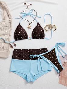 Swim Mod 2026 Spring/Summer Vacation Beach Brown Polka Dot Halter Bikini Set With Shorts 3-Piece Tropical - Multicolor - View 7
