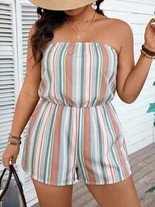 SHEIN VCAY Women's Bohemian Style Vacation Blue And White Striped Colorful Print Top And Shorts Jumpsuit, Summer Holiday Vintage Beach Vacation Outfit, Casual Simple Plus Size Bandeau Shorts Jumpsuit - Multicolor - View 3