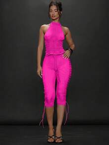 MUSERA Women's Solid Color Pleated Collar Backless Sexy Sleeveless Top - Hot Pink - View 3