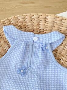SHEIN Playful Pals 女嬰女童套裝 6個月-3歲 2件/套 夏季優雅華麗女童休閒日常風格寬鬆套裝，無袖荷葉邊花朵印花上衣與花朵印花短褲 - 藍色 - 查看 8