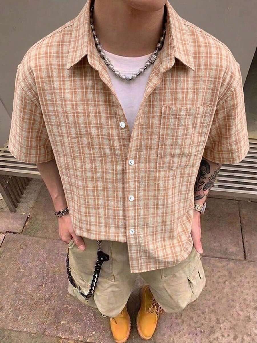 STEELVANCE 男士小格紋短袖襯衫，單口袋經典款，適合正式或休閒場合，休閒度假、用餐與聚會、簡約辦公、居家休閒百搭款，適合自用或送禮給朋友，熱銷舒適面料襯衫 - 彩色 - 查看 1