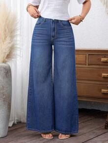 EMERY ROSE Cowgirl Plus Size Women's Spring Blue Non-Stretch Loose Wide Leg Jeans , Spring For Women - Medium Wash - View 7