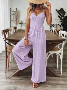 SHEIN Holidaya 女款春夏度假V領藍色細肩帶連身褲 - 紫色 - 查看 5