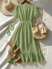Louniche Standard Size Women's Ruffle V-Neck Fitted Holiday Elegant Mid-Length Dress Tea Party Tea Party Vacation Sage Green Summer - Green - View 2
