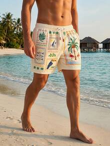 Manfinity Swimmode Men's Palm Tree Print Drawstring Waist Beach Shortst Holiday / Vacation / Beach / Hawaii / Tropical / Swim /  Bathing - Light Yellow - View 4