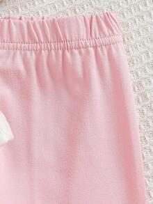 SHEIN Vintaside Kids 2件組新生女嬰杏色蝴蝶結豹紋圓領長袖荷葉袖保暖內裡羅紋軟面料T恤上衣 + 鬆緊腰休閒粉色長褲，休閒可愛韓風甜美套裝，適合秋冬日常穿著、旅行、度假、派對、室內外場合 - 粉色 - 查看 7