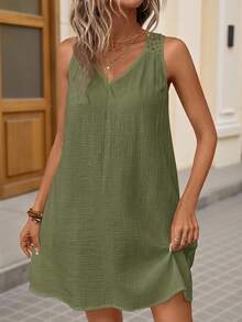 Brillora Summer Boho Solid Hollow Out Black Tank Dress - Olive Green - View 2