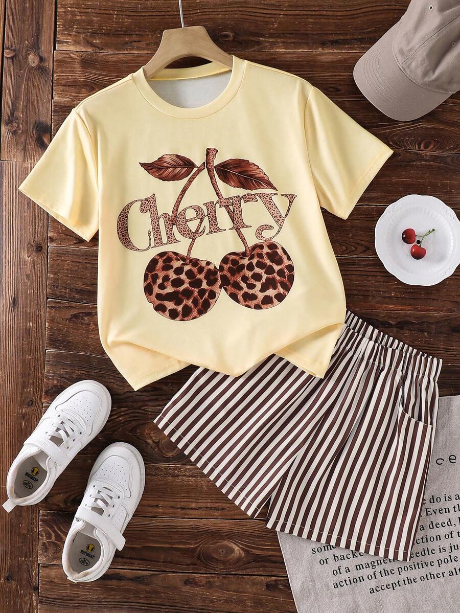 SHEIN Tween Girls Casual Back To School Daily Letter Short Sleeve Tee Round - Yellow - View 1