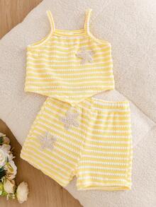 Souflis Souflis Baby Girl Starfish Pattern Yellow Striped Asymmetrical Hem Cami Top And Shorts Set - Yellow - View 2