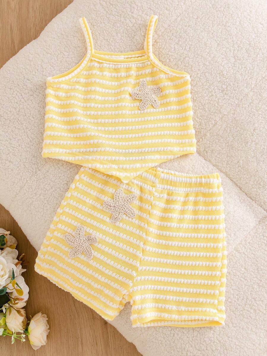 Souflis Souflis Baby Girl Starfish Pattern Yellow Striped Asymmetrical Hem Cami Top And Shorts Set