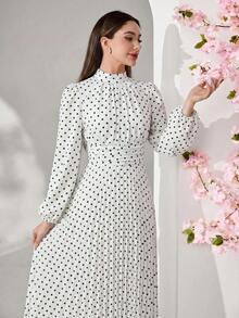 Feyla Women's Polka Dot Pleated Casual Elegant Party Birthday Dress White And Black Polka Dot Autumn - White - View 6