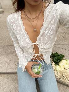 Serisse 女款度假提花前綁帶長袖上衣 - 杏色 - 查看 9