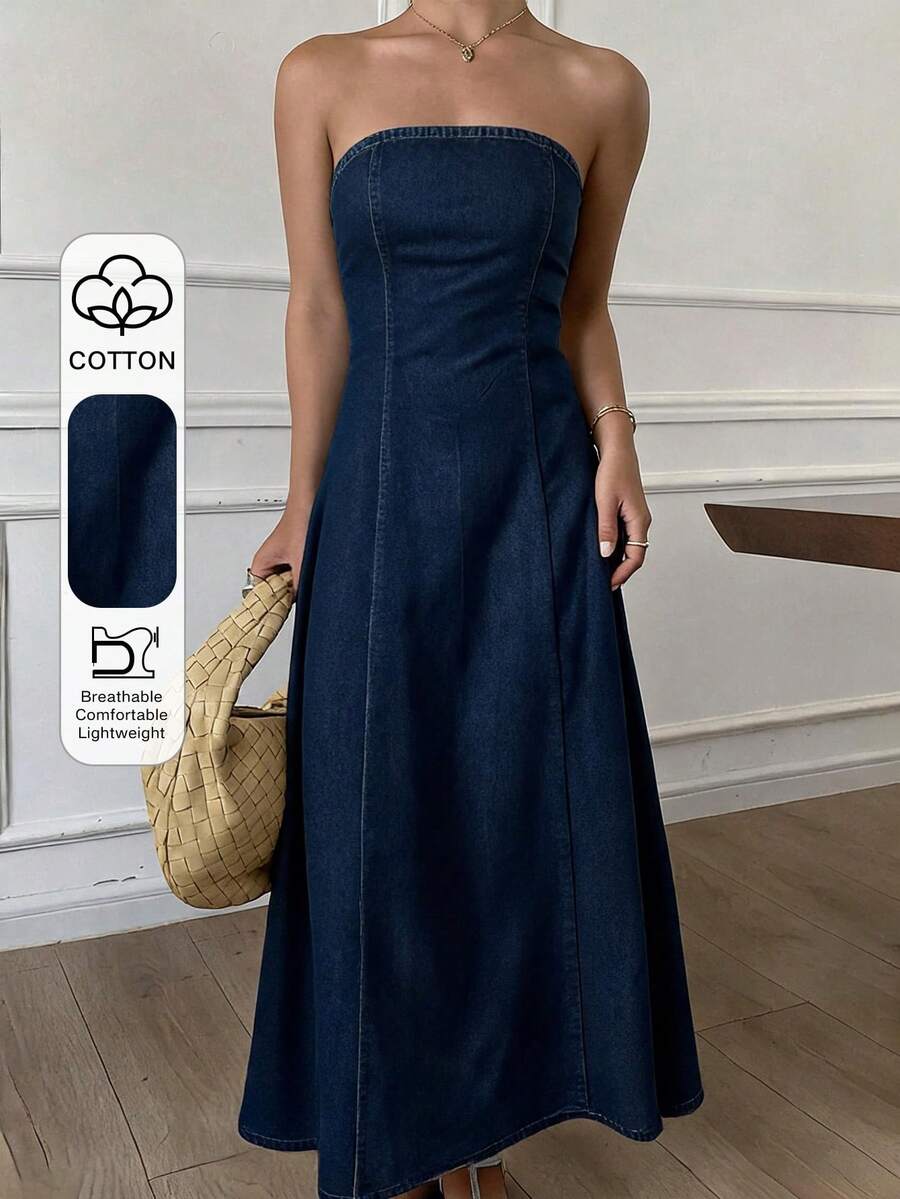 Livesso Gaun Denim Wanita Model Bandeau Slim Fit Warna Polos dengan Belahan Samping - Dark Wash - View 1