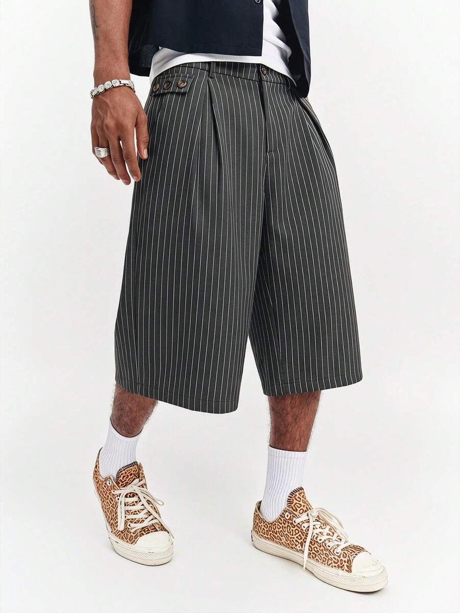TOKVUE Men's Striped Button Design Pocket Wide Leg Capri Pants - Multicolor - View 1