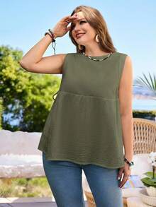 Rosumi Plus Size Women Solid Color Round Neck Side Tie Casual Loose Tank Top - Green - View 1