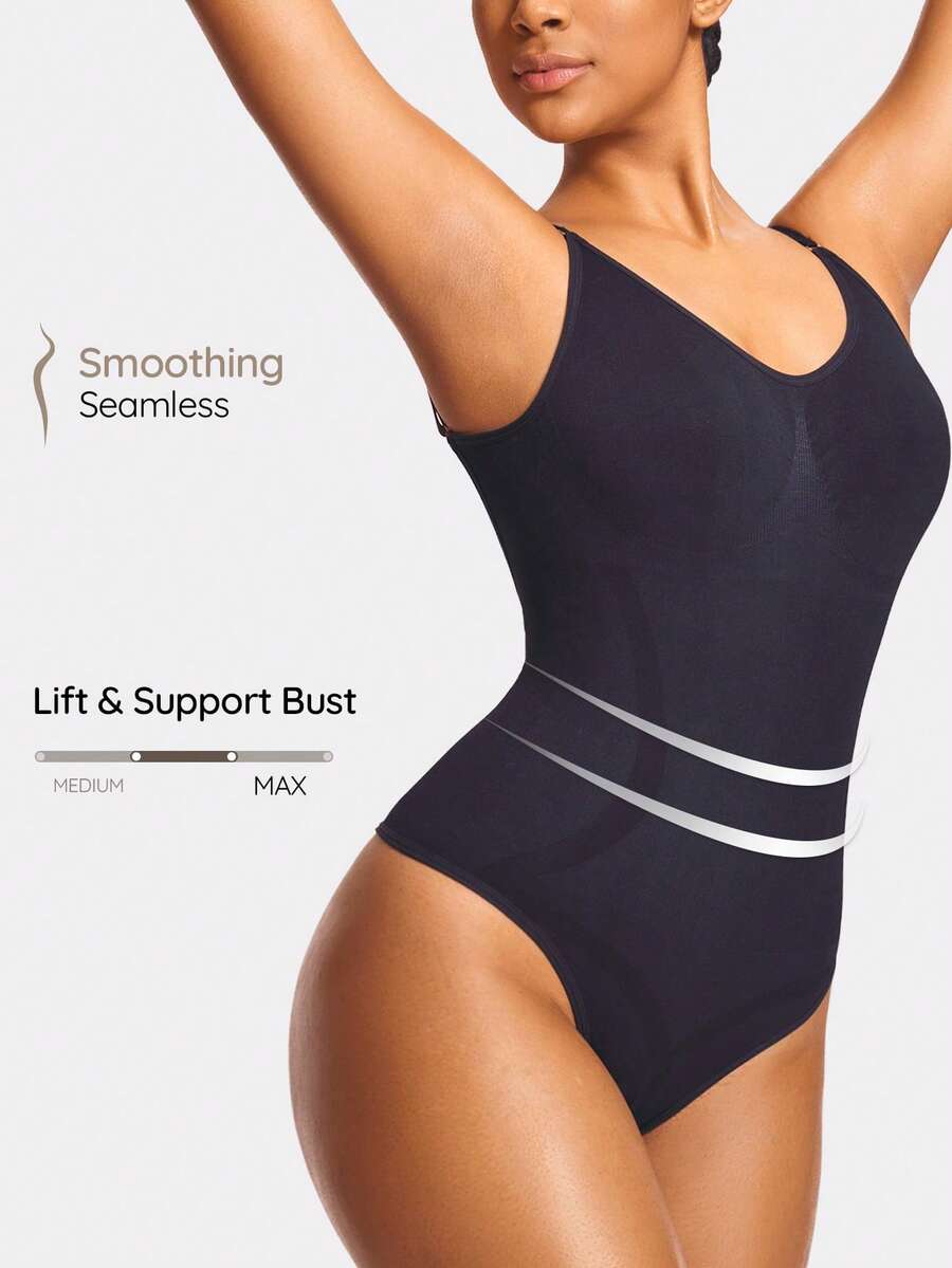 SHAPORA Seamless Low Back Thong Bodysuit Full Body Shaper Bust&Butt Lifter-Tummy Waist Thigh Control - Black - View 1