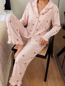 Napfluff Heart Stripe Bubble Crinkle Frill Trim Collar Open Front Pajama Set - Multicolor - View 5