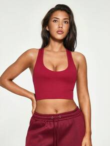 SHAPORA Sujetador inalámbrico de yoga de unicolor con diseño cruzado acanalado acanalado - Burdeos - Ver 6