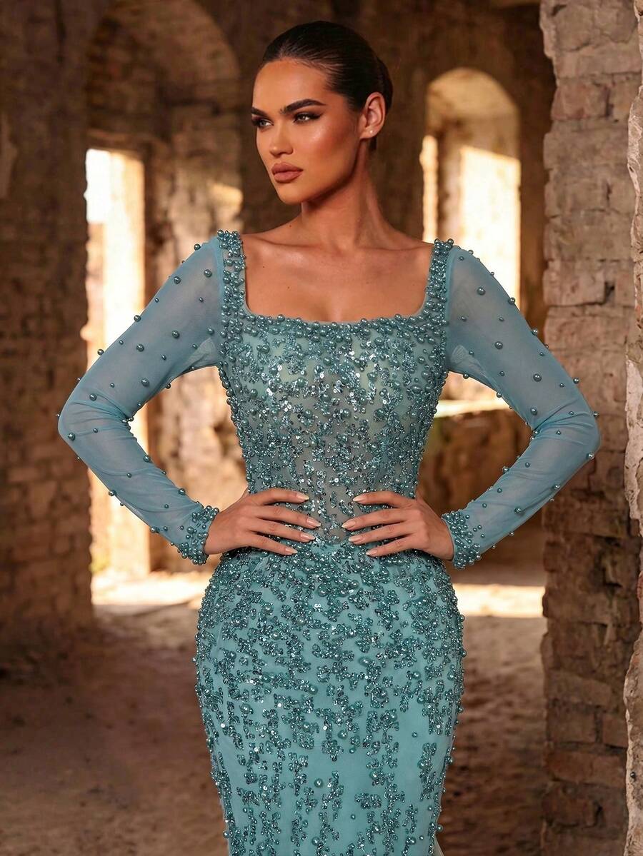 Aureia Elegant Luxurious Glamorous Beaded Sequin Sheer Sleeve Mermaid ...