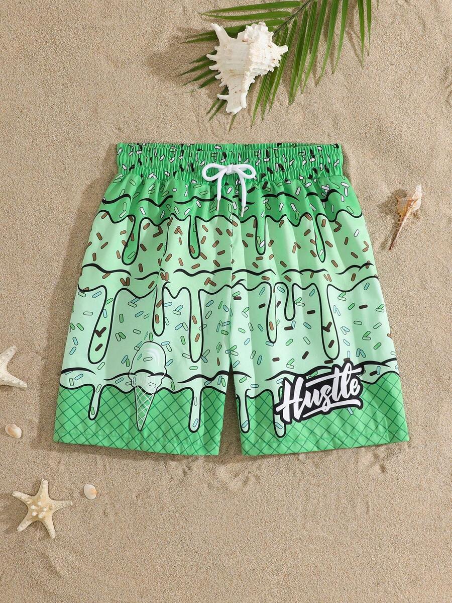 SHEIN Boys' Single Piece Beach Shorts With Custom Print - Green - View 1