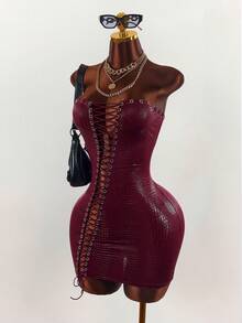 Amplova Y2K Sexy Sleeveless Bandeau Strapless Bodycon Snake Skin High Elasticity Mini Tight Dress For Women Club Night Burgundy Summer - Burgundy - View 5