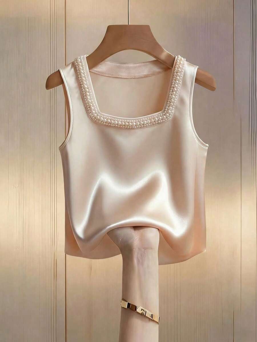 SHEIN Franclia 女士法式优雅针织方领无袖背心，香槟色缎面材质，饰以仿珍珠；亮片背心，闪亮上衣；夏季背心，夏季上衣；新款夏季女士背心。时尚休闲通勤装，商务办公装，百搭时尚日常休闲装，都市教师职业装 - 香檳色 - 查看 1